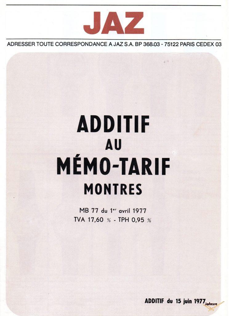 Mémo Tarifs Additif Montres Jaz avril 1977