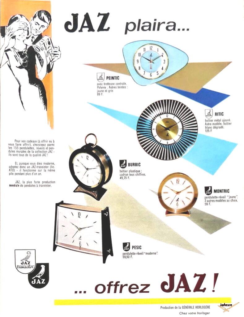 Publicité pour les réveils et horloges Jaz (vers 1965)