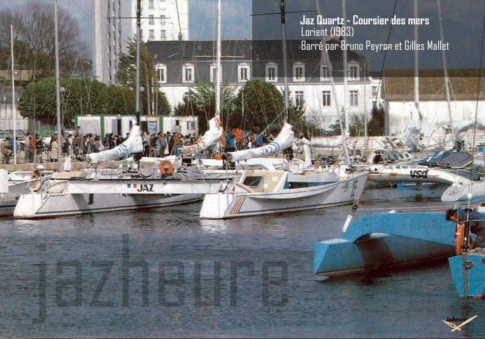 Jaz Quartz, Lorient le 22 Mai 1983. 2e transat en double "Lorient-Les Bermudes-Lorient". Barré par Bruno Peyron et Gilles Mallet